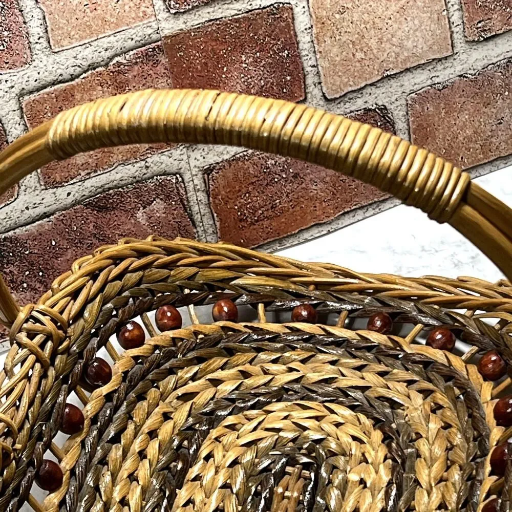 Vintage Gathering Basket With Wooden Beads | Wicker Magazine RacK | Towel Basket